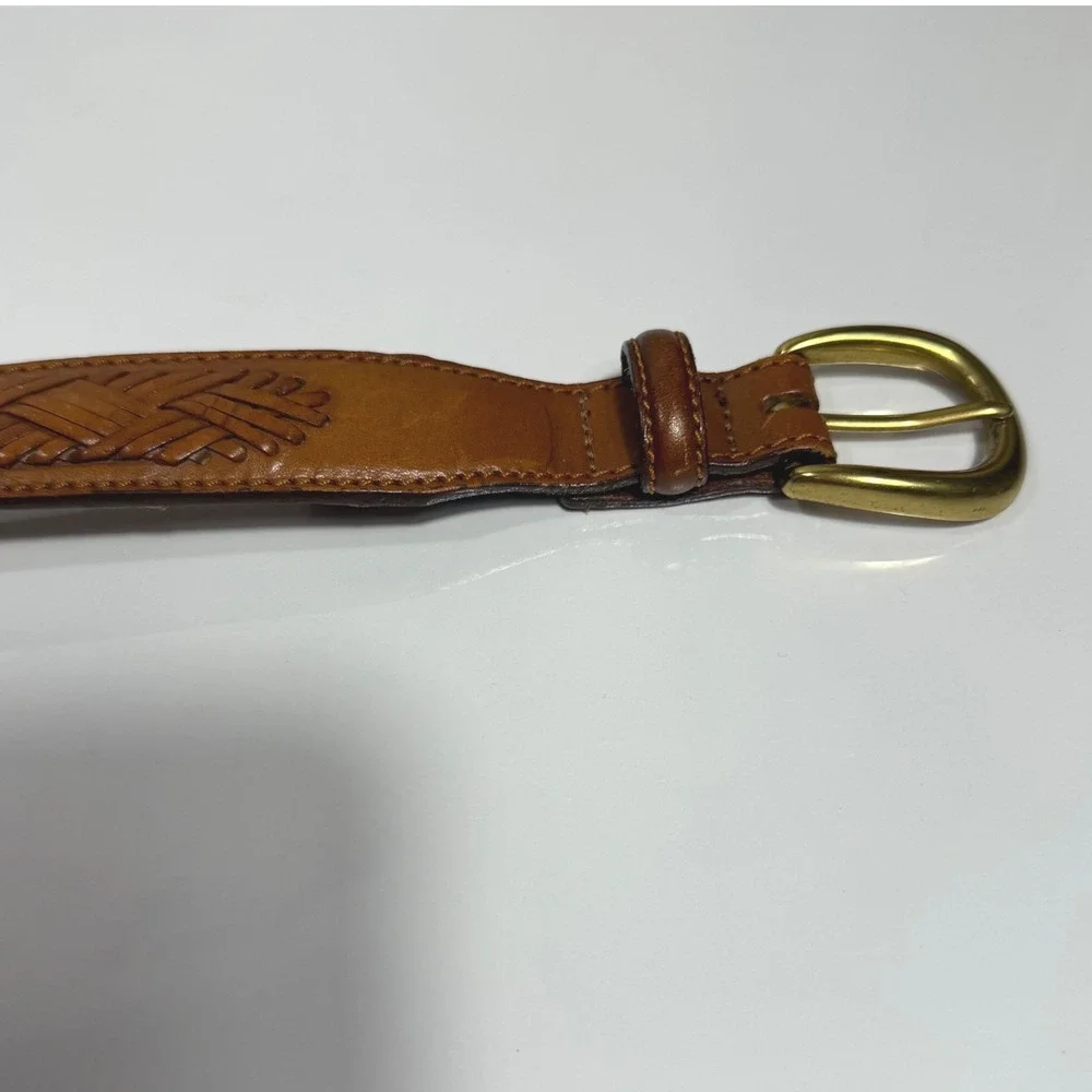 Brighton Vintage Brown Embossed Woven Leather Belt Brass Buckle 36.5